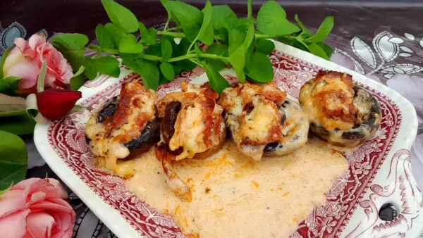 Dunavski brodići 2 | Istaknuta slika 1/4 | Punjeni, šampinjoni, sa, bebi, lukom, piletinom, slaninom, i, sirom, u, umaku, od, pavlake